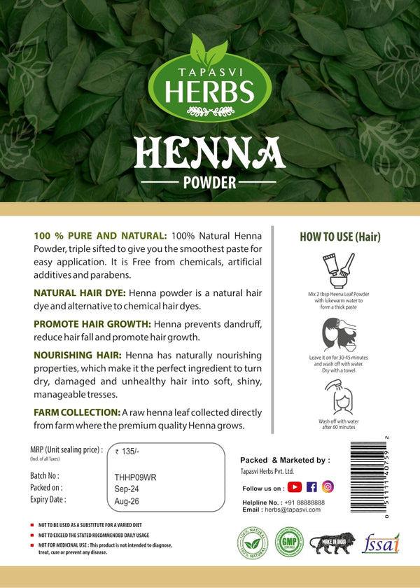 Tapasvi Herbs Natural Henna Powder 200g